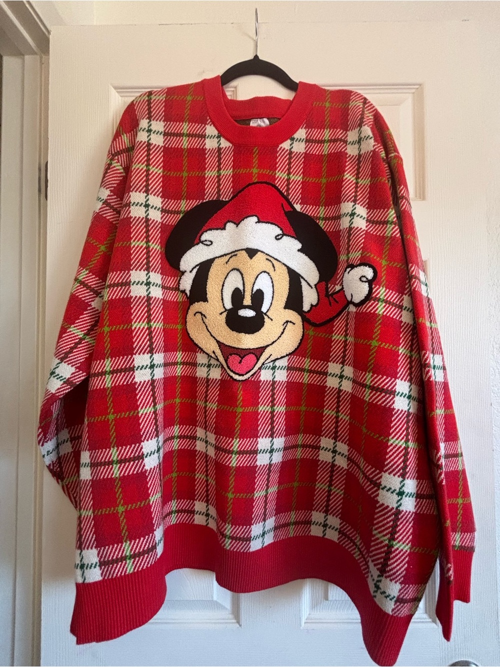 Red Plaid Holiday Sweater with Mickey Mouse Character